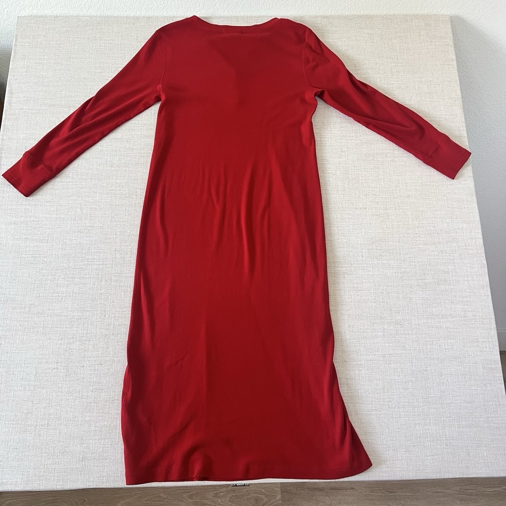 Lauren Ralph Lauren Petite Red Cotton Henley Midi Dress P/S Long Sleeve Logo - Picture 6 of 10